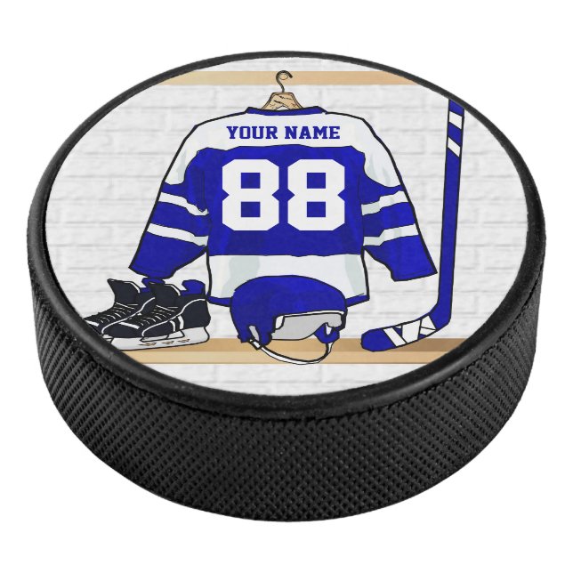 Personalized Blue and White Ice Hockey Jersey Hockey Puck (3/4)