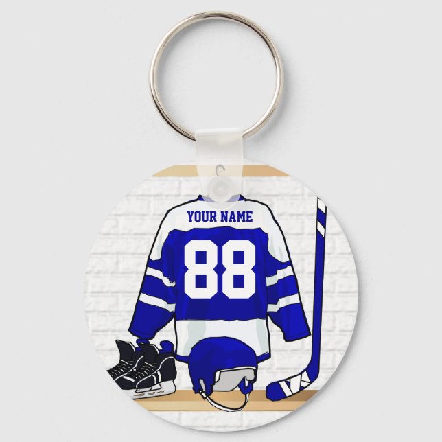 Personalized Blue and White Ice Hockey Jersey Keychain (Front)