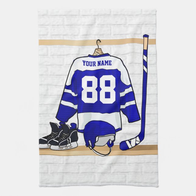Personalized Blue and White Ice Hockey Jersey Kitchen Towel (Vertical)