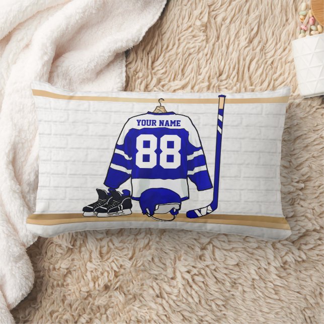 Personalized Blue and White Ice Hockey Jersey Lumbar Pillow (Blanket)