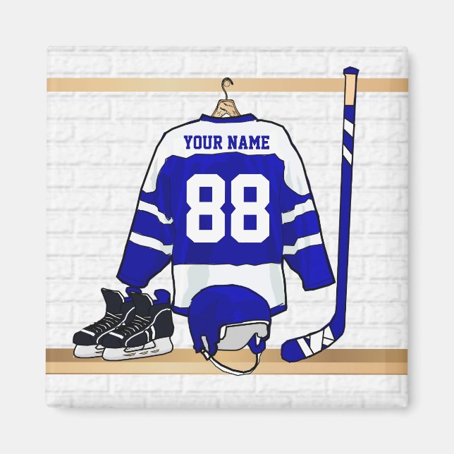 Personalized Blue and White Ice Hockey Jersey Magnet (Front)