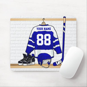 Personalized Blue and White Ice Hockey Jersey Mouse Pad