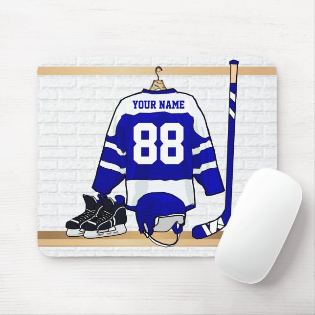 Personalized Blue and White Ice Hockey Jersey Mouse Pad (With Mouse)