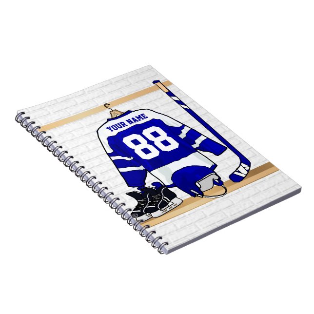Personalized Blue and White Ice Hockey Jersey Notebook (Right Side)