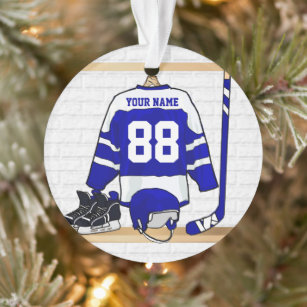 Personalized Blue and White Ice Hockey Jersey Ornament