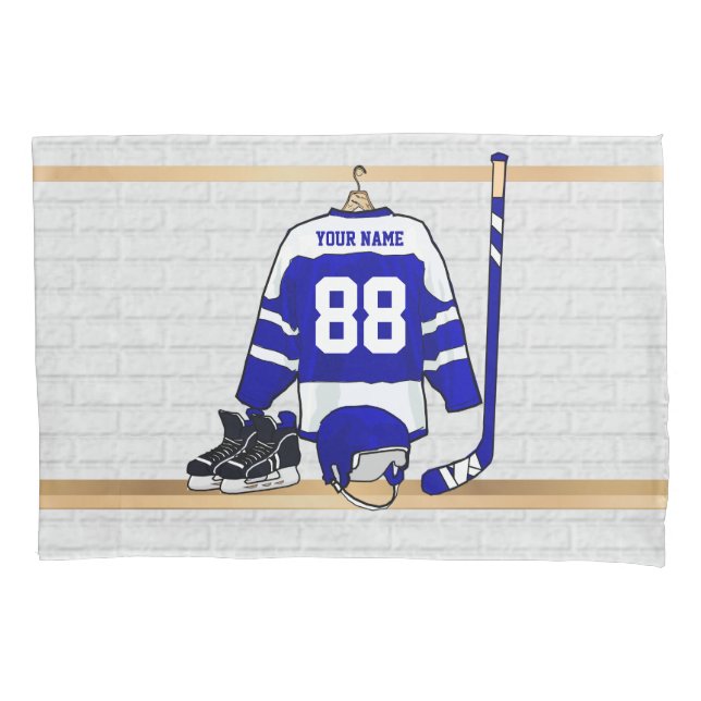 Personalized Blue and White Ice Hockey Jersey Pillowcase (Front)