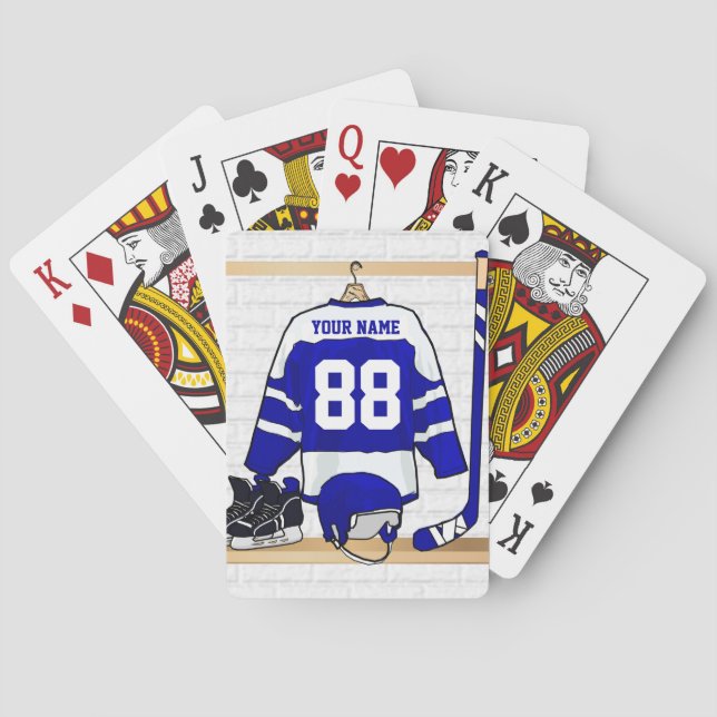 Personalized Blue and White Ice Hockey Jersey Playing Cards (Back)