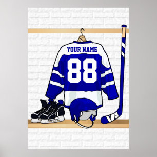 Personalized Blue and White Ice Hockey Jersey Poster