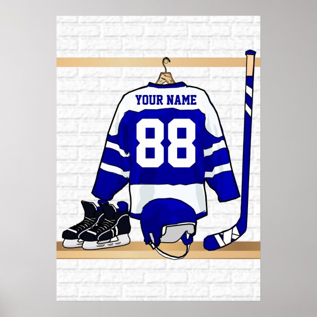 Personalized Blue and White Ice Hockey Jersey Poster (Front)