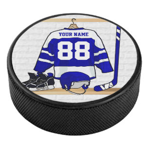 Personalized Blue and White Ice Hockey Jersey Puck
