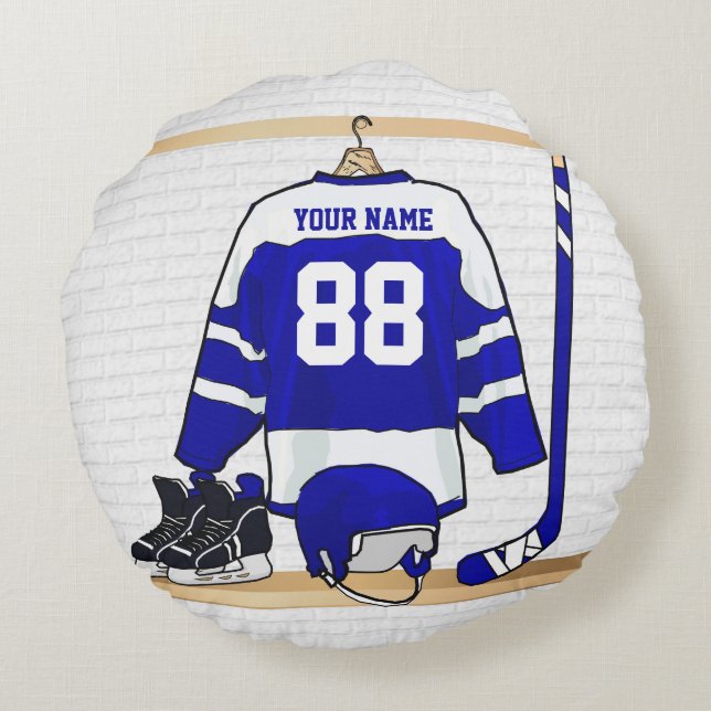 Personalized Blue and White Ice Hockey Jersey Round Pillow (Back)