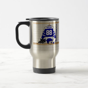 Personalized Blue and White Ice Hockey Jersey Travel Mug