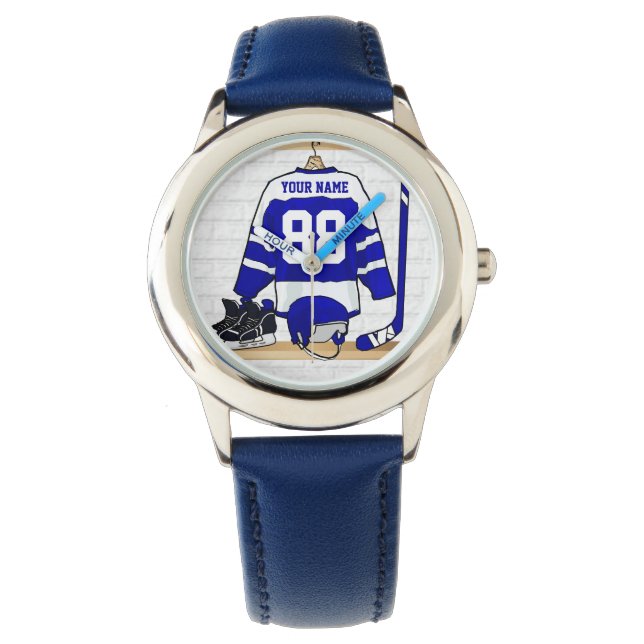 Personalized Blue and White Ice Hockey Jersey Watch (Front)