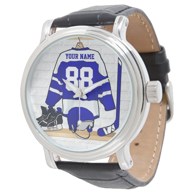 Personalized Blue and White Ice Hockey Jersey Watch (Angled)