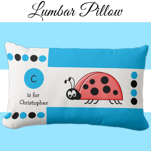 Personalized blue and white ladybird kids monogram lumbar pillow