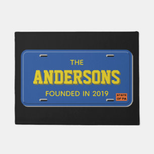 Personalized Blue and White License Plate Welcome Doormat