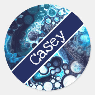 Personalized Blue and White Marble Fluid Art    Classic Round Sticker