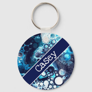 Personalized Blue and White Marble Fluid Art    Keychain
