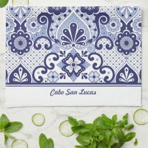 Personalized Blue and White Mexican Talavera Tile  Kitchen Towel