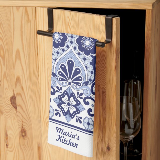 Personalized Blue and White Mexican Talavera Tile Kitchen Towel (Thirds Fold)