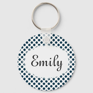 Personalized Blue and White Polka Dot Keychain
