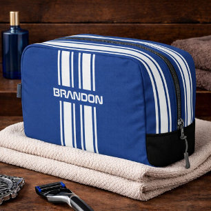 Personalized Blue And White Racing Stripe Travel Dopp Kit