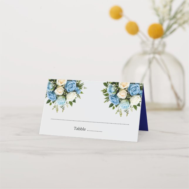 Personalized Blue and White Rose Place Cards (Front)