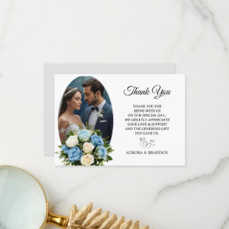 Personalized Blue and White Rose Thank You Card