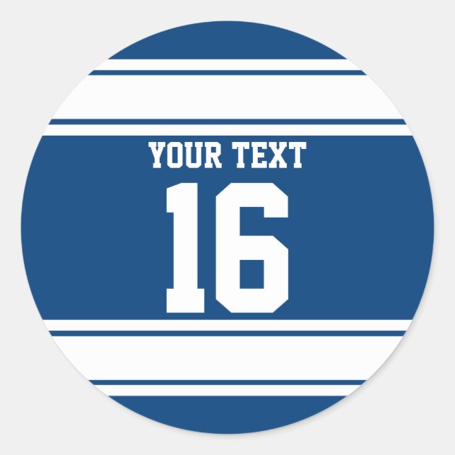 Personalized Blue and White Sports Stripes Classic Round Sticker (Front)