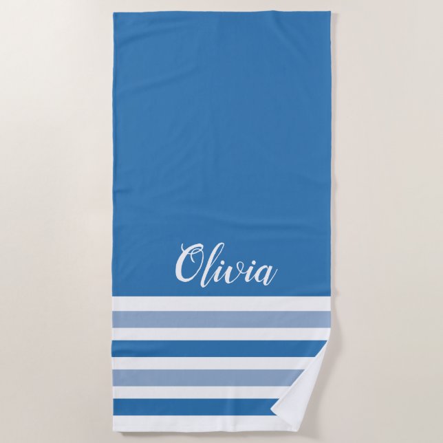 Personalized Blue And White Striped Beach Towel (Front)