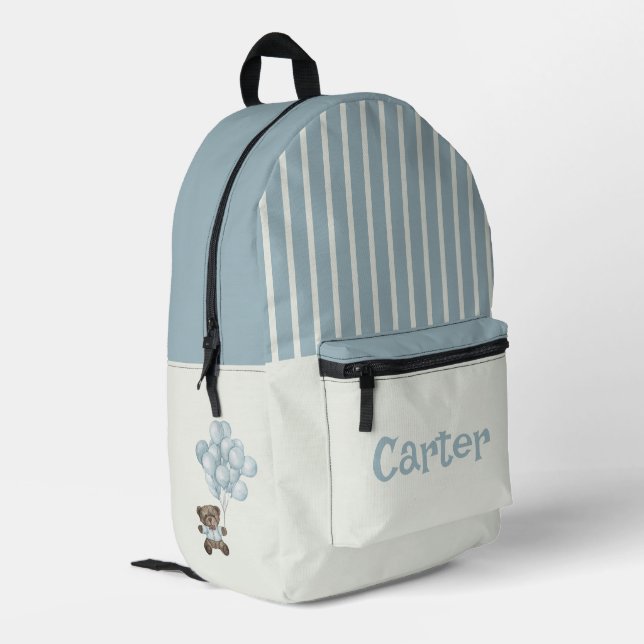 Personalized blue and white striped bear printed backpack (Back Corner Left)