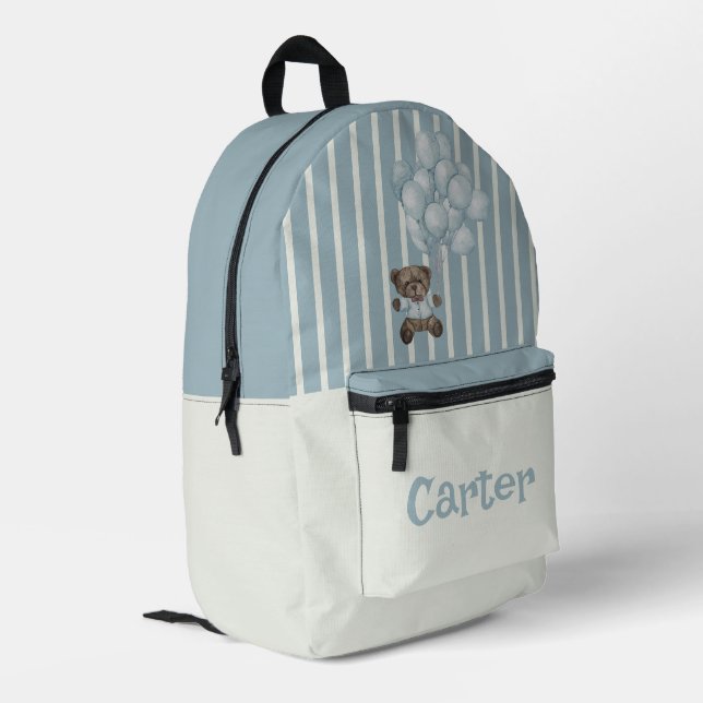 Personalized blue and white striped bear printed backpack (Back Corner Left)