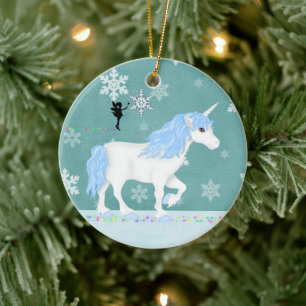Personalized Blue and White Unicorn and Fairy Ceramic Ornament