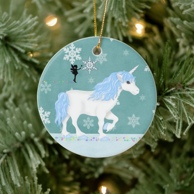 Personalized Blue and White Unicorn and Fairy Ceramic Ornament (Tree)