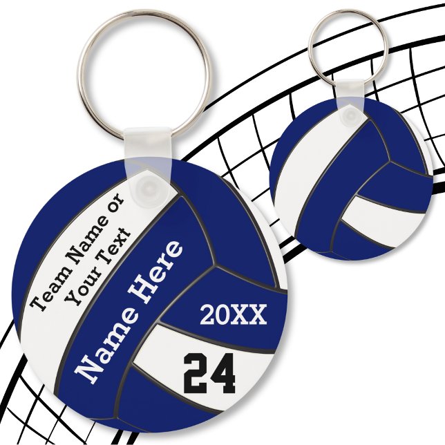 Personalized Blue and White Volleyball Keychains (Volleyball Bag Tags. Volleyball team gifts cheap. Navy Blue, White and Black, Volleyball Giveaways.)