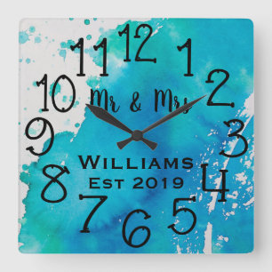 Personalized Blue and White Watercolor Custom Square Wall Clock