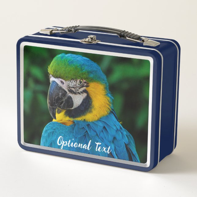 Personalized Blue and Yellow Macaw Parrot Metal Lunch Box (Front)