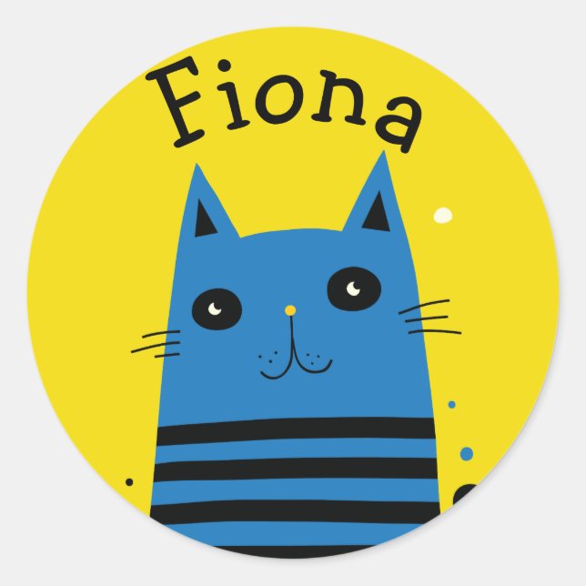 Personalized Blue and Yellow Modern Cartoon Cat Classic Round Sticker (Front)