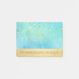 Personalized Blue Aqua Watercolor Faux Gold Foil Post-it Notes