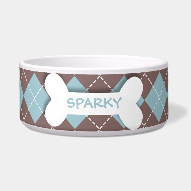 Personalized blue argyle dog bone pet food bowl (Front)