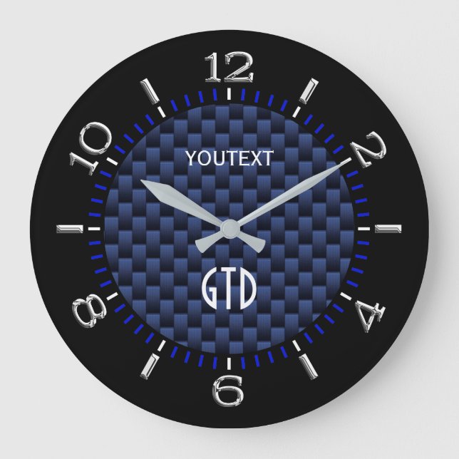 Personalized Blue Automotive Carbon Fibre Style Large Clock (Front)