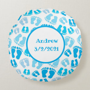 Personalized Blue Baby Boy Baby Feet Round Pillow