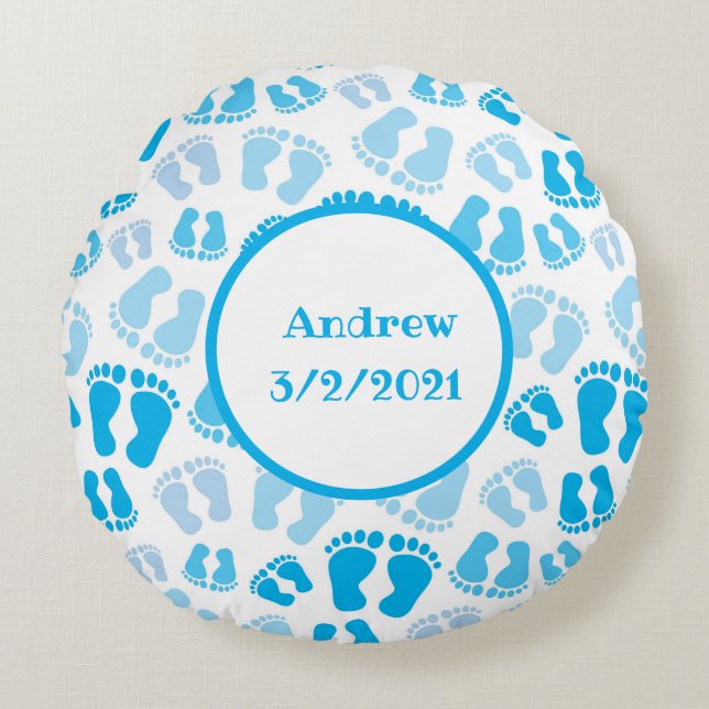 Personalized Blue Baby Boy Baby Feet Round Pillow (Front)