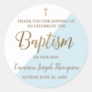 Personalized blue Baby boy baptism thank you Classic Round Sticker