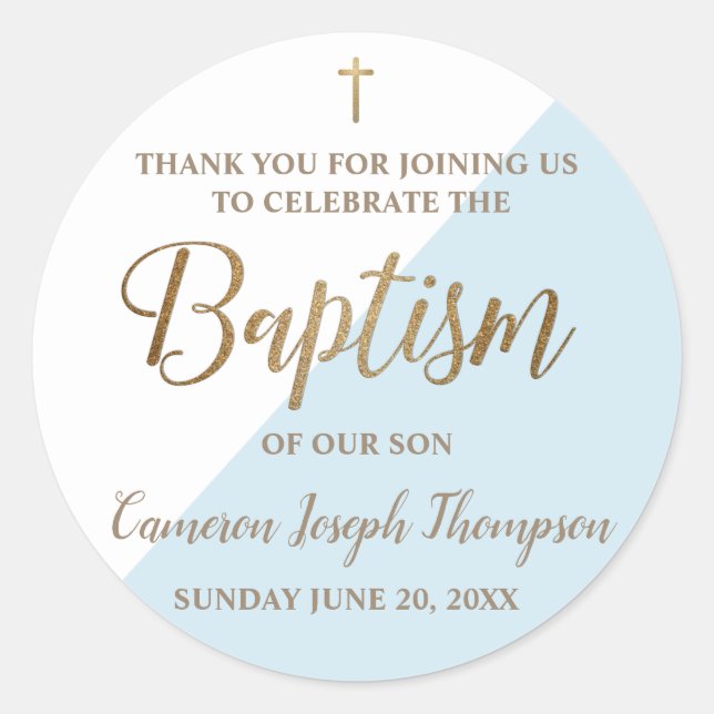 Personalized blue Baby boy baptism thank you Classic Round Sticker (Front)