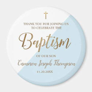 Personalized blue Baby boy baptism thank you Magnet