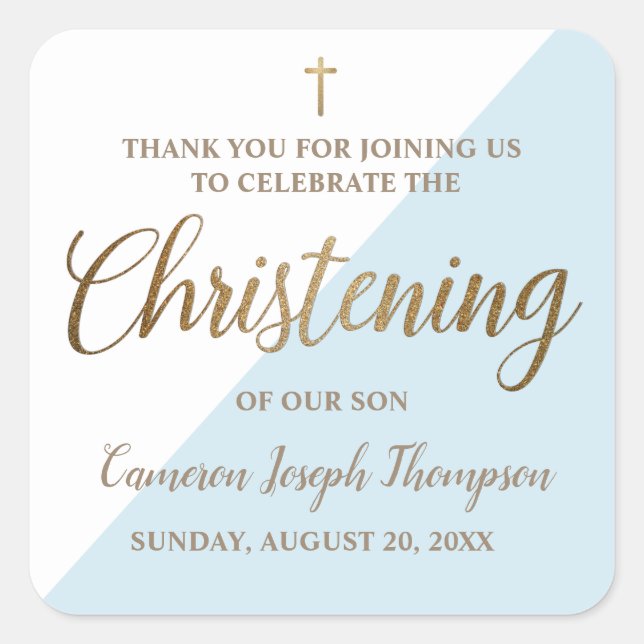 Personalized blue Baby boy Christening thank you Square Sticker (Front)