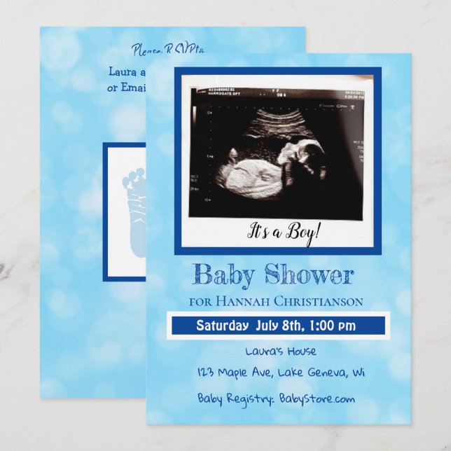 Personalized Blue Baby Boy Ultrasound Baby Shower Invitation (Front/Back)