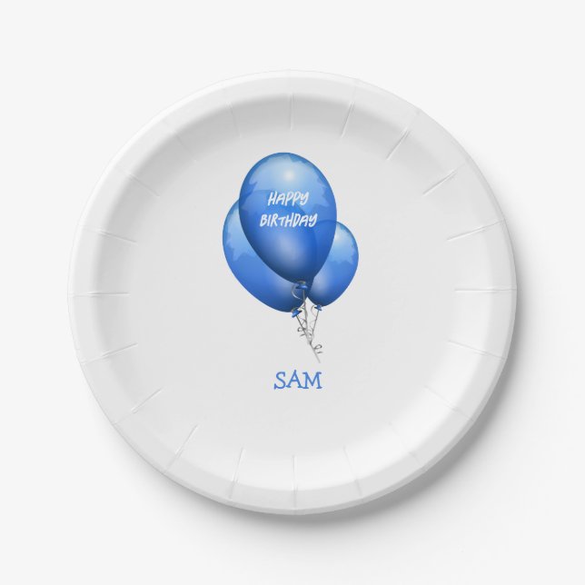 Personalized Blue Balloons Birthday Paper Plate (Front)