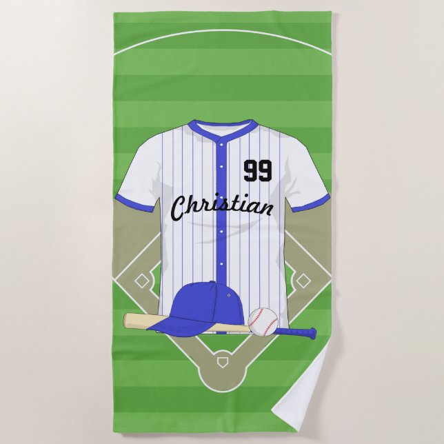 Personalized blue baseball beach towel (Front)